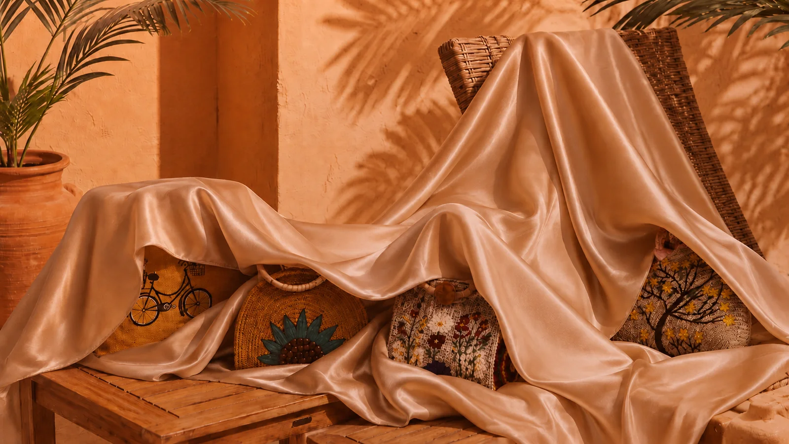 Jute bags arranged in a warm Bangladeshi interior