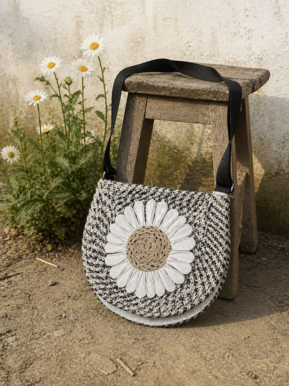 Grey Daisy Shoulder Bag by Bunevia